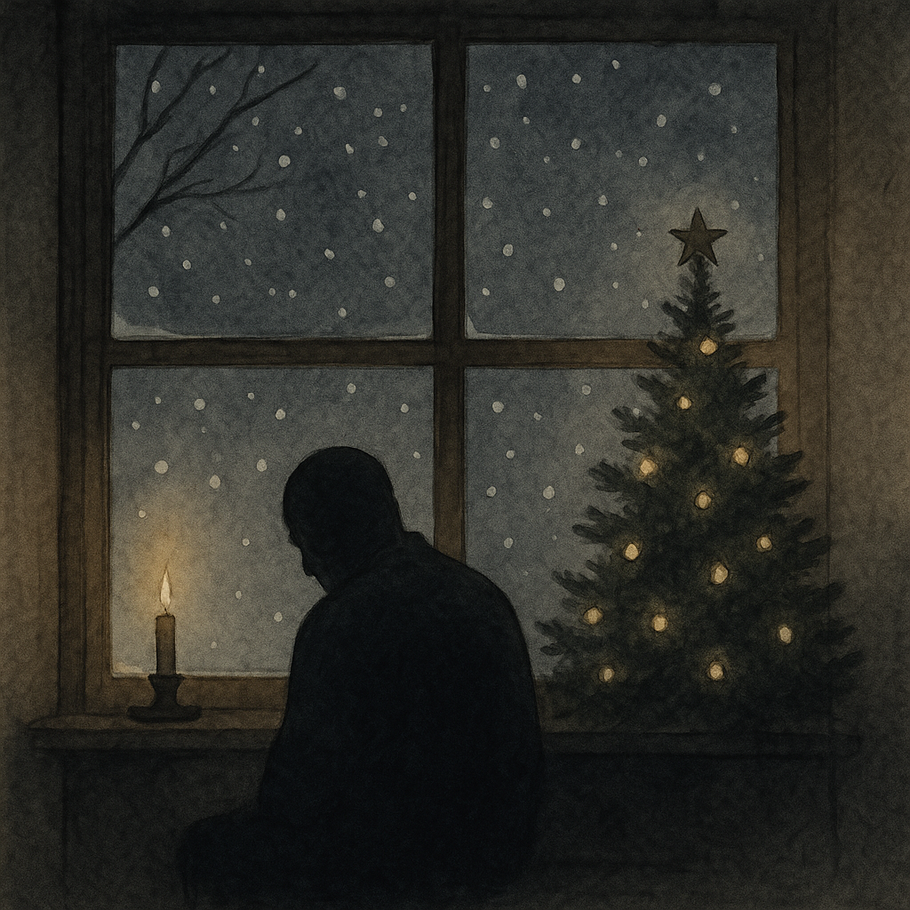 Uomo solo alla finestra con candela e albero di Natale